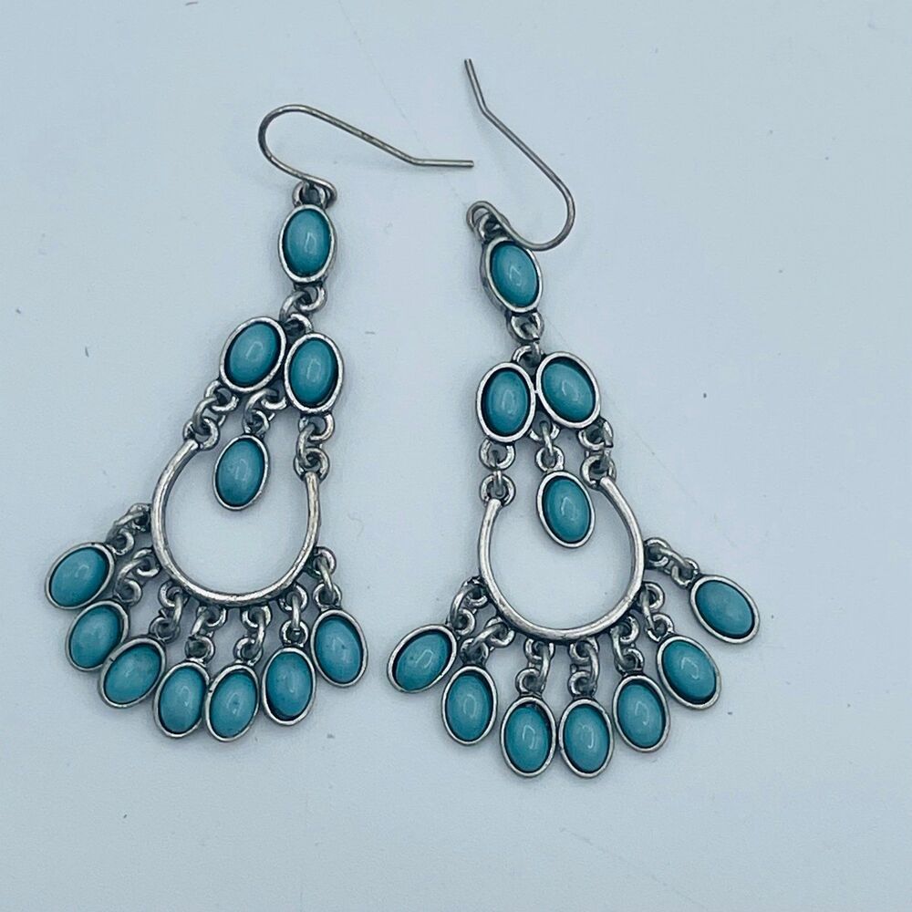 Vintage Silver Tone Faux Turquoise Tear Drop Chandelier Dangle Earrings Boho